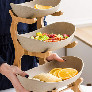 Home 3 Tier Fruit Bowl Bamboo Wood Stand Green Ceramic Dish <strong>Table</strong> Decoration Fruit <strong>Basket</strong> - Product Image 5