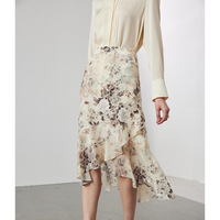 Jupe Midi de Luxe 100% Soie de Mûrier pour Femme, Imprimé Floral Vintage, Taille Empire, Volants, Coupe Évasée, Style Bohème Chic et Élégant, 2026