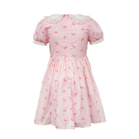 Vestidos para niñas, rosa a cuadros, con lazo rojo, cuello Peter Pan, corpiño con smock hecho a mano, manga abullonada, corte en A, para Pascua o iglesia