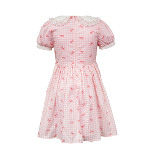 Abiti da <span class=keywords><strong>bambina</strong></span> rosa a quadretti con fiocco rosso, stampa, colletto Peter Pan in pizzo, corpetto smockato a mano, maniche a sbuffo, linea ad A, per Pasqua e Chiesa - Product Image 3