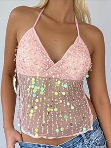 <b>Sparkly</b> Sequin Fringe Halter V-Neck Mesh See-Through Festival Party <b>Top</b> & FTS 1688 DDP Shipping Buying Service - Product Image 3