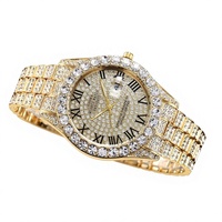 Montre à quartz haut de gamme pour influenceur, bracelet en alliage orné de strass et entièrement sertie de diamants, 43 mm, écologique, calendrier, aiguilles romaines, effet ciel étoilé