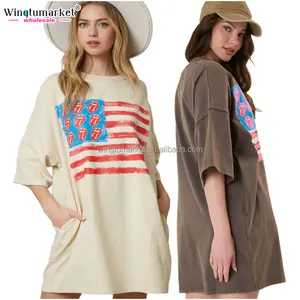 Stile americano patriottico abiti casual con motivo bandiera USA girocollo per ragazze con stampa a righe con stelle a tinta unita abito t shirt con labbra