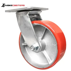工业重型旋转铸铁芯红色PU脚轮6英寸8英寸固定旋转带制动大金属锁