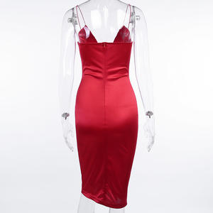 Rosso Nero <span class=keywords><strong>Abito</strong></span> di Raso Di Seta Elegante delle Cinghie di Spaghetti di Lunghezza Del Ginocchio Vestiti Da Partito Delle Signore Sexy Scollo A V Matita <span class=keywords><strong>Midi</strong></span> Dress - Product Image 3