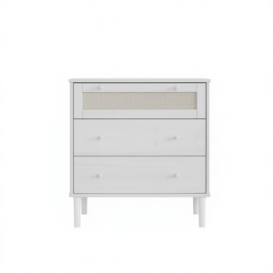 Mobiletto Senja a 3 cassetti in legno massello effetto rattan bianco, design moderno per soggiorno - Product Image 1