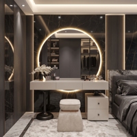 Coiffeuse de luxe moderne en bois blanc avec grand miroir LED rétroéclairé et tabouret sur pied – Ensemble de coiffeuse minimaliste pour chambre d'appartement
