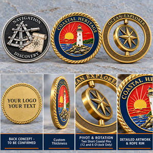 Pièces de monnaie commémoratives personnalisées pour musées maritimes avec motifs de voilier, phare, tortue et boussole rotative pour cadeaux souvenirs OEM ODM - Product Image 3