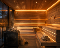 Sauna extérieur de luxe en bois d'épicéa de style victorien avec cabine, porte coulissante en verre, zone de change, vue panoramique, villa spa écologique