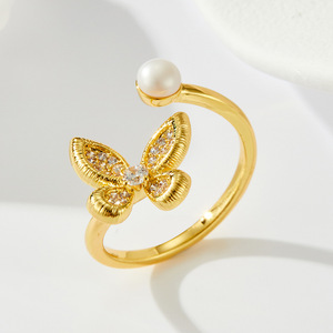 Butterfly Micro Pave Zircon Freshwater Pearl <b>Open</b> <b>Ring</b> Adjustable For Index Finger Party Jewelry - Product Image 1