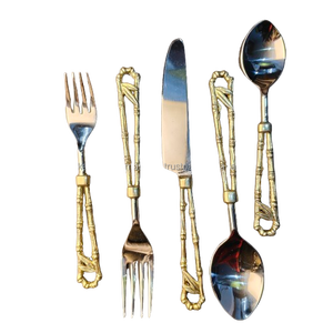 Ensemble de couverts en bambou artistique, en laiton doré, manche en bambou unique, creux, en acier inoxydable, vaisselle de qualité supérieure, 5 pièces - Product Image 1