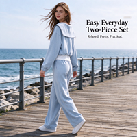 Ensemble de survêtement bleu décontracté printemps 2026 : Nouveau pantalon de jogging taille haute ample et pull deux pièces