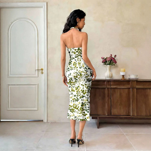 Robe nuisette d'été verte à fleurs, col licou, découpes, coupe ajustée, taille haute, pour femme, tenue de club, SMLXLXXL - Product Image 2