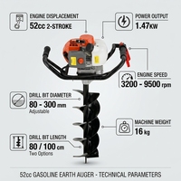 Tarière thermique industrielle 52cc pour le forage de trous de poteaux et de sols, avec mèche de 80-300mm, certifiée CE, OEM, pour la construction de clôtures