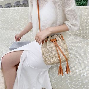 <b>Lady</b> Fashion Drawstring <b>Backpack</b> Waist Bag Beach Straw Bag With Ele Tassel - Product Image 3