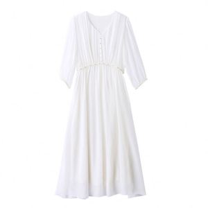 ชุดเดรสผ้าไหมแสนหวานสำหรับผู้หญิง, ชุดเดรสชิ้นเดียวทรงหลวมกระชับสัดส่วนพร้อมกระดุมตกแต่งสำหรับฤดูร้อน - Product Image 5