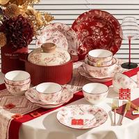 Service de table YanJun en porcelaine fine à motifs floraux rouges, vaisselle vintage, compatible lave-vaisselle/micro-ondes/four pour usage domestique