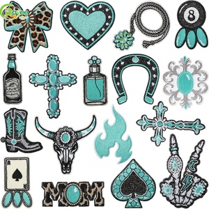 Vintage Turquoise Bow & Spade Embroidery <b>Iron</b> on Patches Custom Perfume Theme Patch for Blouse, Hat, Purse Feminine Decoration - Product Image 1