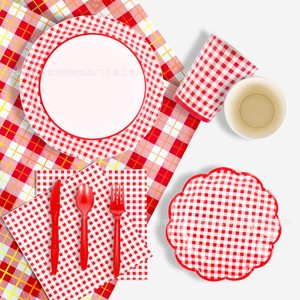 Red And White Checkered Disposable Tableware <b>Set</b> 175 Pieces Party Supplies For Family Gathering Paper Plates <b>Cups</b> Napkins - Product Image 2