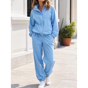 Ensemble de survêtement 2 pièces personnalisé pour femme, bleu clair, manches longues, couleur unie, veste coupe-vent et pantalon, tenue décontractée - Product Image 2