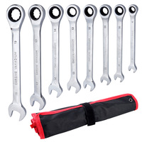 Jeu de clés à cliquet à tête fixe rouge et noire de 8 pièces avec outils à embout ouvert et à fourche, en acier au chrome-vanadium, entraînement 1/4 pouce