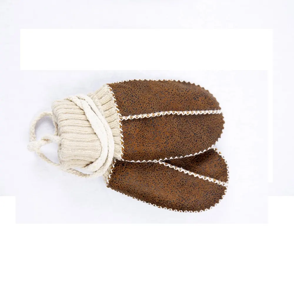 Winter Warm Kids Brown Sheepskin Leather Mittens Fur Children Hand Mittens Gloves For Girls And Boys