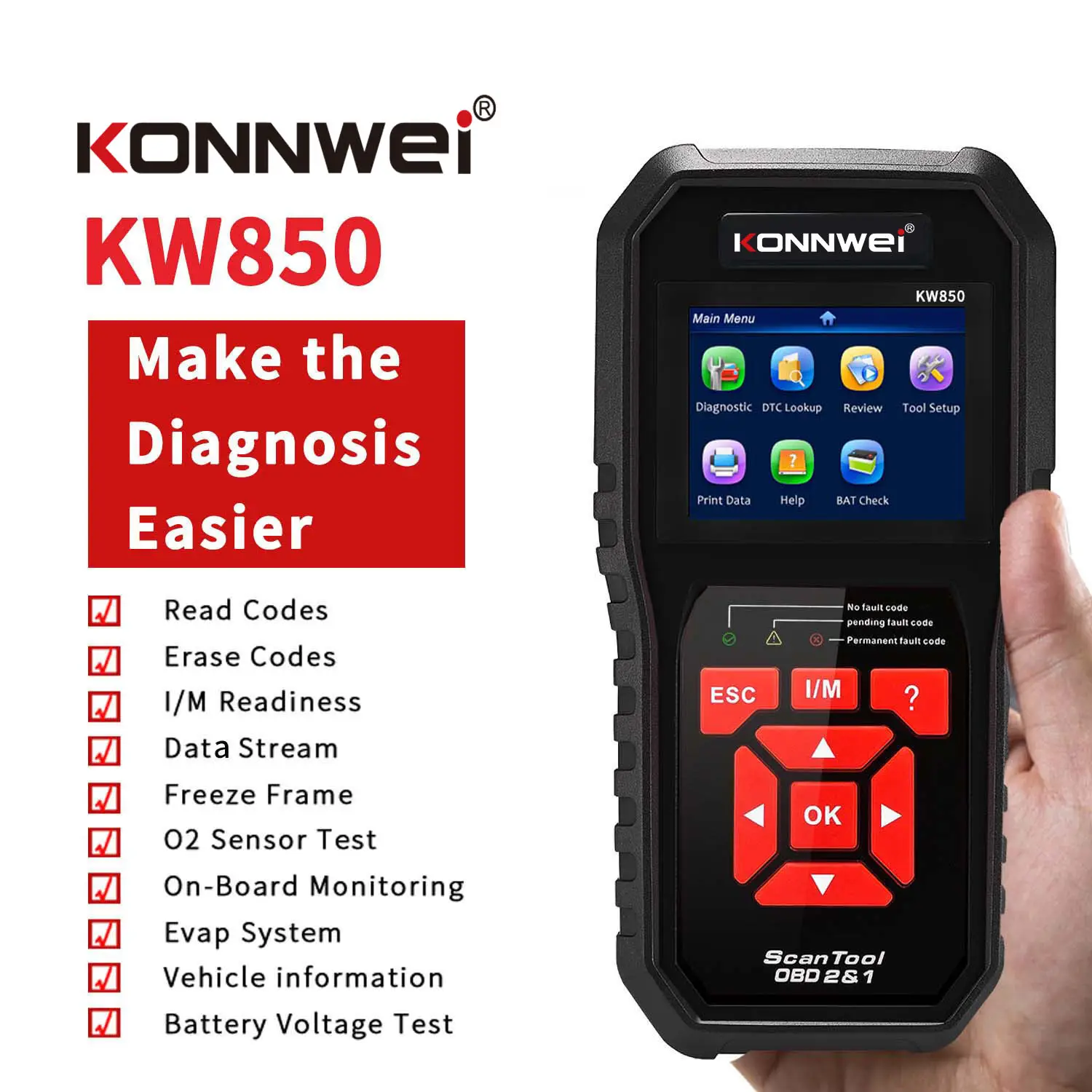 OBD2 ODB 2 Automotive Scanner KONNWEI KW850 Code Reader Multi-languages Full OBD 2 Function Auto Diagnostic Tool
