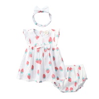 Ensemble de vêtements pour bébé fille Summer Infant en coton, sans manches, col rond, imprimé fraises, robe et short, 3 pièces
