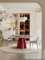 Table à manger ronde de luxe, plateau en pierre frittée marbrée, base rouge, design moderne pour la maison, l'hôtel, le restaurant