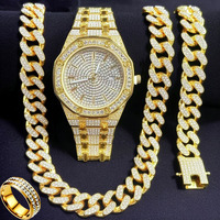 Meilleures ventes : Montre octogonale, Bracelet chaîne cubaine, Collier et Bague pour homme, style Hip-hop Euro-Américain, luxe léger, sertis de zircons
