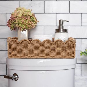 Paper Rope Scalloped Edge Toilet Paper <b>Storage</b> <b>Basket</b> <b>Rectangular</b> Bathroom Decor Woven <b>Basket</b> With Handles For Over Toilet - Product Image 6