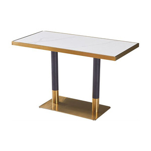 Cafetería comercial restaurante lujo piedra sinterizada mármol superior laminado Acero inoxidable pata dorada mesa de comedor rectangular