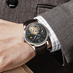 Livraison directe pour montre unisexe multifonctionnelle, tourbillon, phase de lune, mécanique, luxe, acier inoxydable, bracelet en cuir, saphir - Product Image 6
