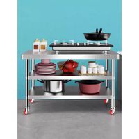 Table de travail commerciale en acier inoxydable avec roulettes, étagère de préparation alimentaire, capacité 300 kg, 4 roulettes amovibles auto-nettoyantes