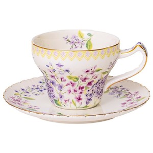 Taza y Platillo de Cerámica Estilo Campestre Francés - Diseño Floral Lila con Borde Dorado para Té de la Tarde - Product Image 5