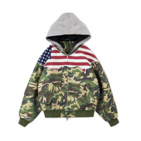 Blouson bomber camouflage rembourré avec appliqué effiloché drapeau USA, fermeture éclair, ODM, 100% coton, capuche intégrée en molleton gris français, personnalisable