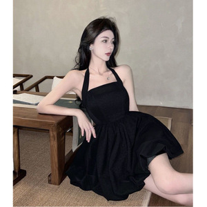 Nuova estate abito nero puro con bretelle in vita <span class=keywords><strong>Sexy</strong></span> gonna a trapezio bambina vestito nero - Product Image 6