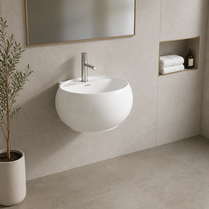 Lavabo suspendido: la línea más ancha se encuentra debajo de la boca. Consulte la dimensión más ancha y cuánto se extiende hacia abajo. - Product Image 3