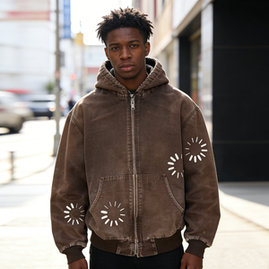 Veste de travail à capuche en toile de canard marron épaisse personnalisée par le fabricant, coupe courte, logo imprimé, pour hommes - Product Image 1