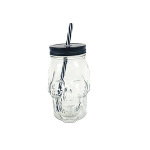 Di alta Qualità A Forma di Teschio di <span class=keywords><strong>Vetro</strong></span> Mason Jar 15 oz con Coperchio e Paglia <span class=keywords><strong>Tazza</strong></span> di Bevanda - Product Image 1