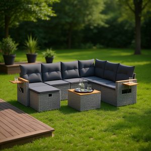 Ensemble de canapés de jardin gris 6 places en rotin, mobilier d'extérieur avec rangement, design contemporain - Product Image 2