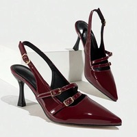 Escarpins slingback en cuir verni bordeaux pour femme, à bout pointu et double boucle, style Mary Jane, chaussures élégantes pour soirée, bureau, mariage