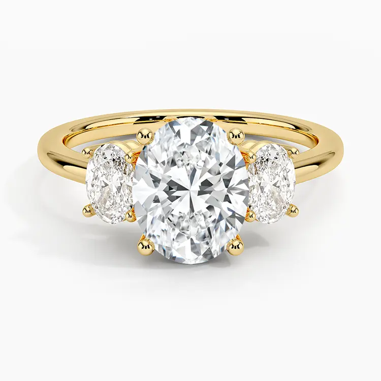Anel diamante de moissanite, joias finas 2ct de corte oval, pedra três de diamante 14k, ouro amarelo, moissanite, anel de noivado