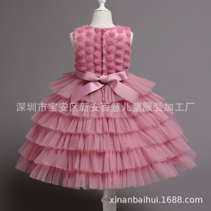 Vestido de tul rosa con rosas en 3D para niñas, disfraz de actuación en escenario de varias capas, verano 2022 - Product Image 3