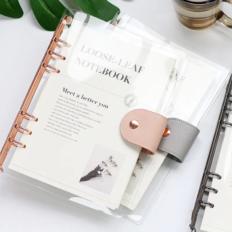 Commercio all'ingrosso 90 fogli foglio sfuso Sprial Journal Notebook Planner A5 A6 B5 trasparente PVC legante guscio con fibbia in pelle di metallo