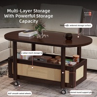 Table basse ovale mobile moderne en bambou avec rangement, table d'appoint roulante, durable, écologique, pour salon, chambre, bureau, thé
