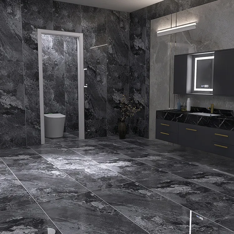 Hotel Flooring Cement Marble Stone Texture Glazed Glossy Finish Tile Black Porcelain Interior Polished Tiles Wall Spanish