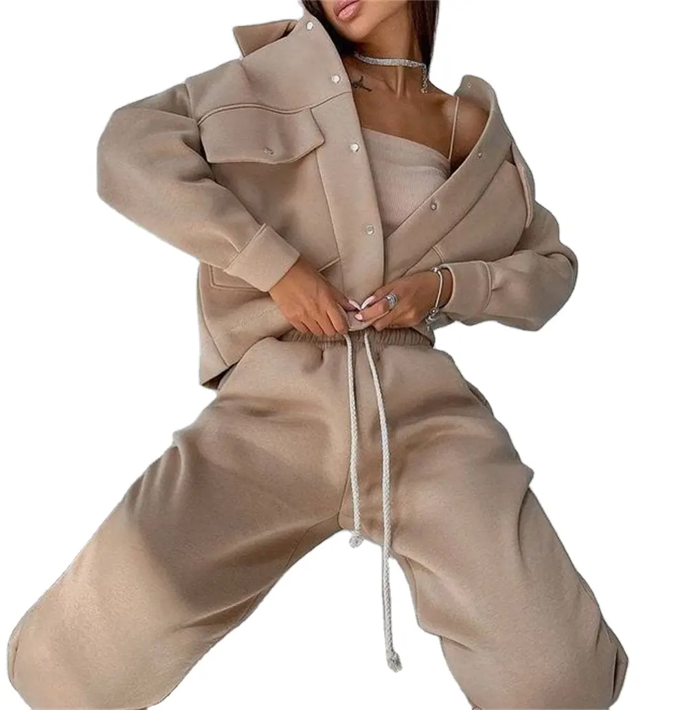 Fashion Solid Color Women Jacket Hoodie Two Piece Set Sweatshirt Hoodies Casual Pants Suit Sudadera Long Sleeve Jacket