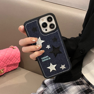 เคสโทรศัพท์ผ้ายีนส์ปักลายดาวและความรักรูปหัวใจแฟชั่นคุณภาพสูงสำหรับ <span class=keywords><strong>iPhone</strong></span> 12 13 14 15 16 <span class=keywords><strong>PRO</strong></span> <span class=keywords><strong>MAX</strong></span> - Product Image 4