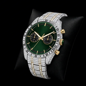 Montre chronographe de luxe avec cadran vert serti de diamants et accents dorés - Product Image 1